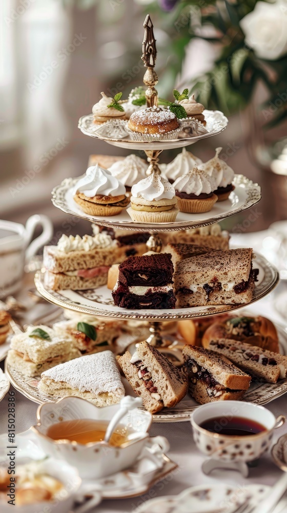 Afternoon tea with tiered stand of sweets and sandwiches, elegant setting
