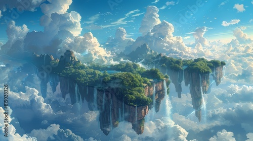 Floating island with waterfalls and clouds in the sky, fantasy landscape