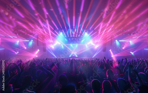 Vibrant concert scene with vivid laser lights and enthusiastic crowd.