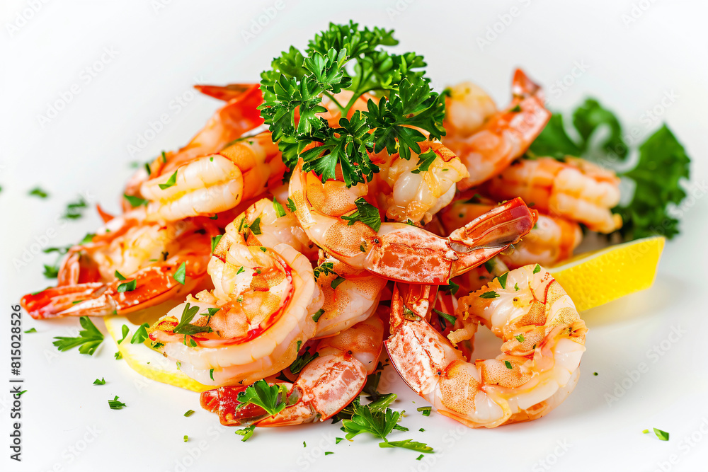 a plate of shrimp with parsley and lemon wedge a plate of shrimp with parsley and lemon wedge