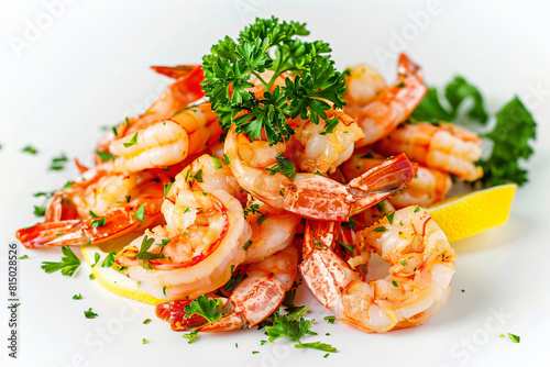a plate of shrimp with parsley and lemon wedge