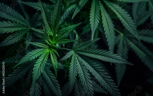 Vibrant green cannabis leaves close-up on a dark background.