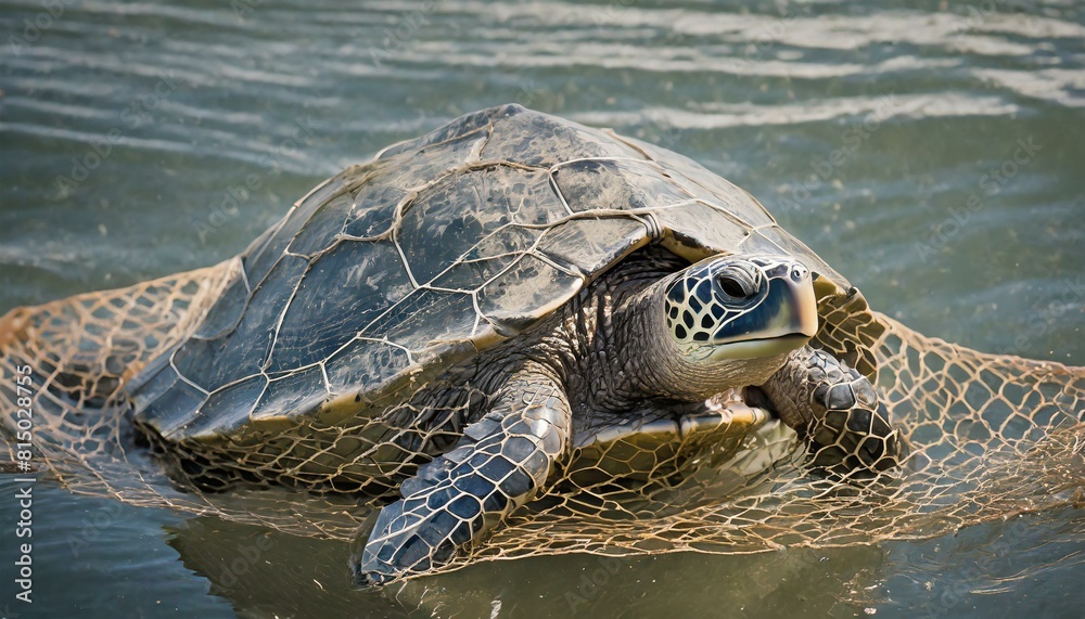 Fototapeta premium a turtle is completely entangled and stuck in a fishing net in the water and cannot get out of it