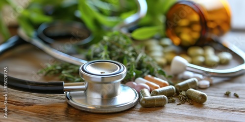 Herbal capsules, traditional medicine, and a stethoscope situated on a wooden surface emphasize health and wellness themes photo