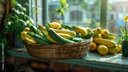 Basket of fresh zucchini and summer squash on a sunlit windowsill.