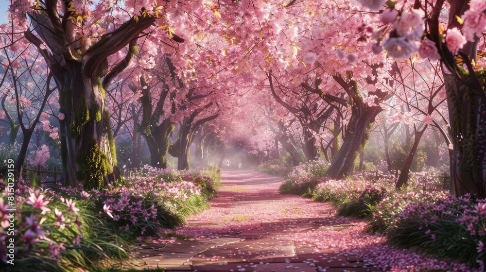 Naklejka premium Blossom-Lined Pathway in a Garden