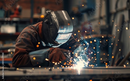 Welder in action with sparks flying in a dim workshop.