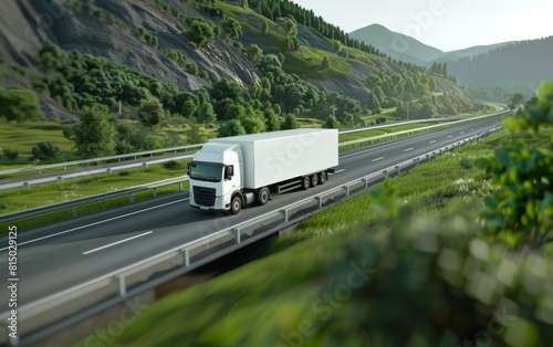 White delivery truck speeding along a lush green highway photo