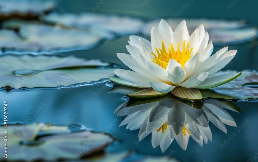 White water lily with yellow center on reflective blue pond.