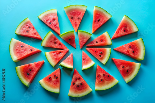 A creative presentation of watermelon slices arranged in a circular pattern against a blue background