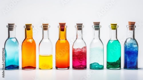 Chemistry glass tubes and beakers. Realistic illustration set empty transparent and filled with colored liquid laboratory glassware. White background isolate, yellow, blue, green, orange, red bottles photo