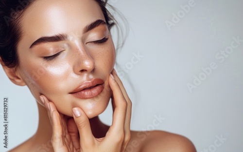 Woman with eyes closed gently touching her smooth  radiant face.