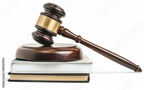 Wooden gavel on a stack of books against a white background.