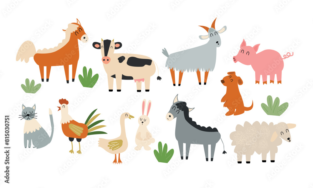 Farm animals with - cow, pig, sheep, horse, rooster, chicken, donkey, hen, goose, duck, goat, cat, dog. Cute cartoon vector illustration in flat style Farm animals with - cow, pig, sheep, horse, rooster, chicken, donkey, hen, goose, duck, goat, cat, dog. Cute cartoon vector illustration in flat style