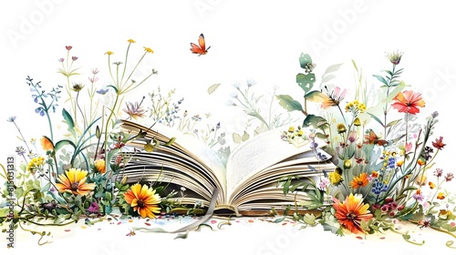 Enchanting Garden of Knowledge An Open Book Surrounded by Vibrant Natural Wonders