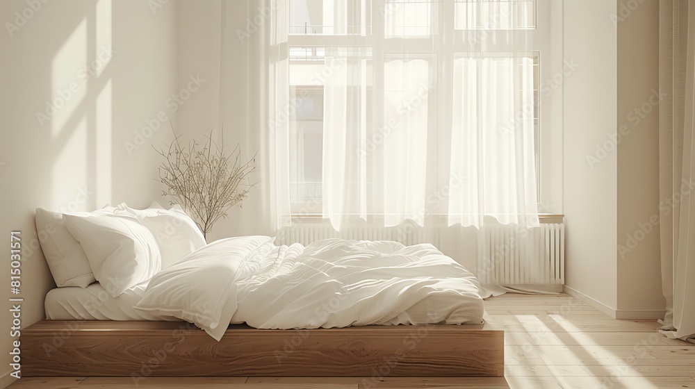 A minimalist Scandinavian bedroom featuring a platform bed, crisp white bedding, and a large window with sheer curtains A minimalist Scandinavian bedroom featuring a platform bed, crisp white bedding, and a large window with sheer curtains