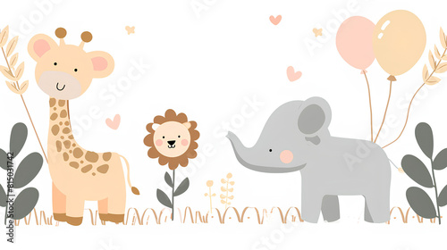A children s illustration with cute African animals and vegetation  a place for text.