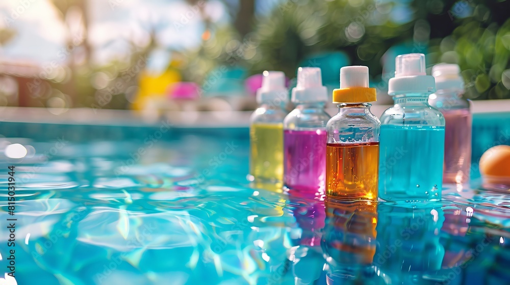 Poolside chemical testing kit and supplies on a sunny day. Poolside chemical testing kit and supplies on a sunny day.