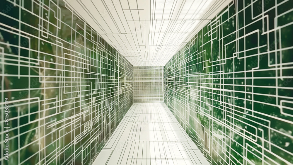 Obraz premium an abstract digital corridor background, green data center, and high-speed information flow, in a matrix-like environment