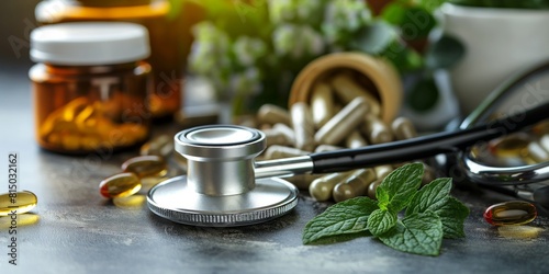 Medical supplements beside a stethoscope suggest a blend of traditional and alternative medicine practices