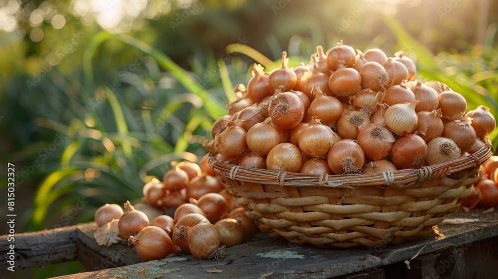 Freshly harvested onions in a wicker basket in a sunlit field Freshly harvested onions in a wicker basket in a sunlit field