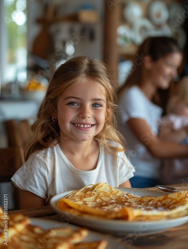 French dessert  crepe  with a happy family enjoying food in the background  beautifully presented on a plate with space for text Delightful French Cr  pes Delicacy  A Joyful Family Gathering in 4K HD 