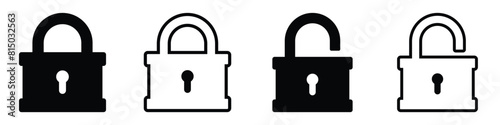 Lock icon collection. Locked and unlocked black line icon set. Vector illustration. Flat security symbol. white background. Set of Silhouette of locked and unlocked padlock.
