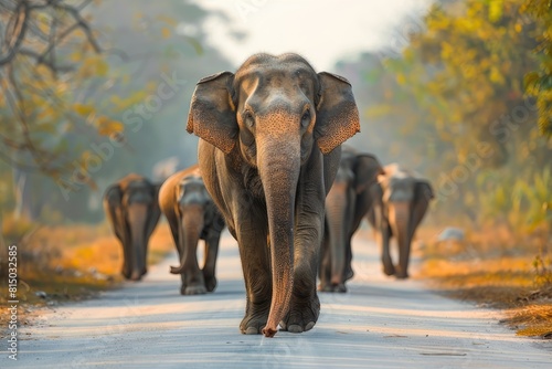 Group of Asian elephants on a blurred background. Elephants walk along the road among the Thai landscape.