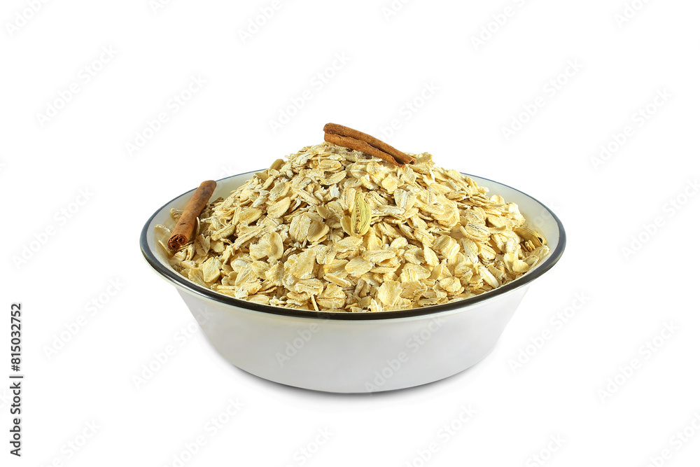 rolled oats flakes isolated for breakfast in bowl with cinnamon, cutout in transparent background,png format rolled oats flakes isolated for breakfast in bowl with cinnamon, cutout in transparent background,png format