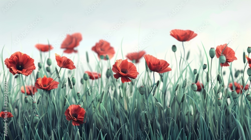Obraz premium Red poppies in a green wheat field. Poppy plants. hyper realistic 