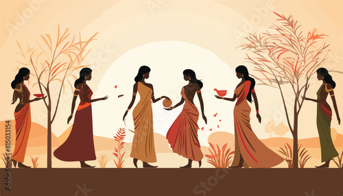 Indian women with saree in the jungle, vector illustration. Indian people in traditional clothes walking in the jungle.