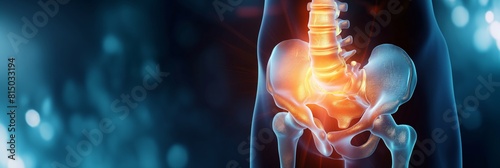 A striking medical illustration highlighting luminescent bones of the hip and spine on a dark background