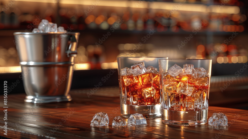 Two glasses of whiskey with ice cubes on a bar counter. Two glasses of whiskey with ice cubes on a bar counter.