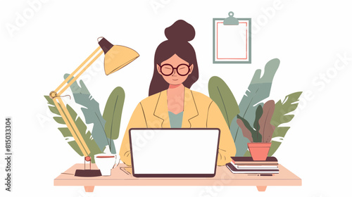 multi cultural girl businesswoman typing working on laptop floral professional studying diversity inclusion white background generative ai