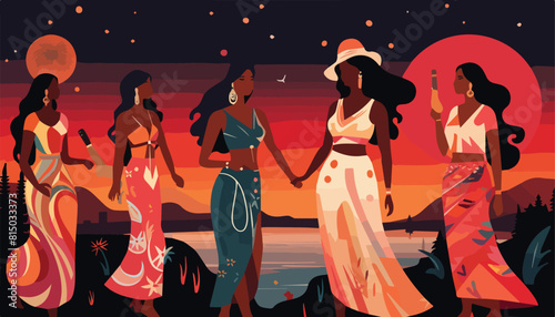 Beautiful African American women on the beach at night, vector illustration