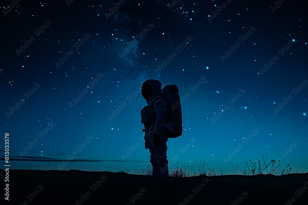 Cosmonaut's dark outline stands out against the vibrant blues and twinkling stars of the vast night sky above. Cosmonaut's dark outline stands out against the vibrant blues and twinkling stars of the vast night sky above.