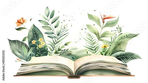 Open Book with Lush Foliage and Blooming Flowers Emerging from Pages