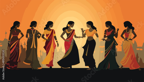 Indian women in saree dancing at sunset. Vector illustration in flat style