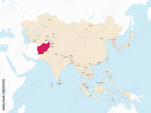 Highlighted red map of AFGHANISTAN inside light red detailed political map of Asia using orthographic projection on white and blue background