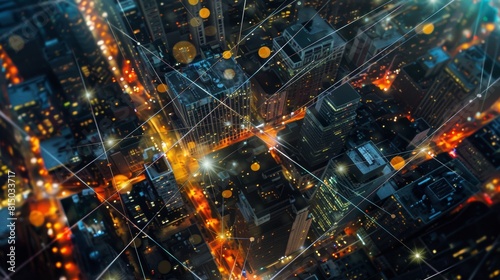Intricate Urban Network  Cityscape at Night with Illuminated Streets and Connected Nodes