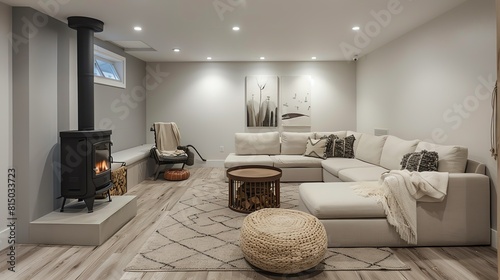A Scandinavian basement remodel featuring a lounge area with a sectional sofa, a wood stove, and neutral colors