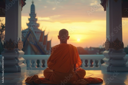 Thai Buddhist monk prays while sitting on the balcony. Sunrise