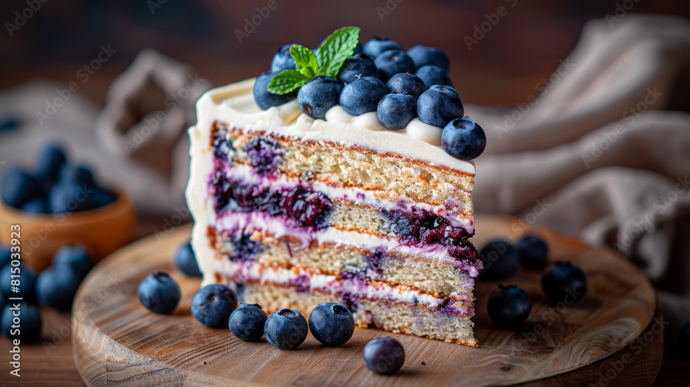 A slice of blueberry cake with frosting and fresh blueberries on top. A slice of blueberry cake with frosting and fresh blueberries on top.