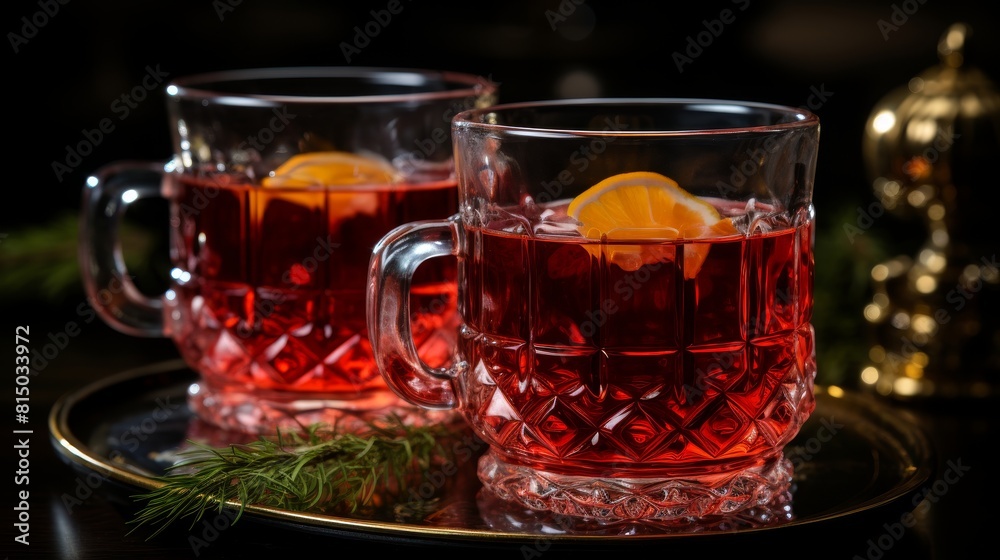Mulled wine and pine branch on black background with space for product placement Mulled wine and pine branch on black background with space for product placement