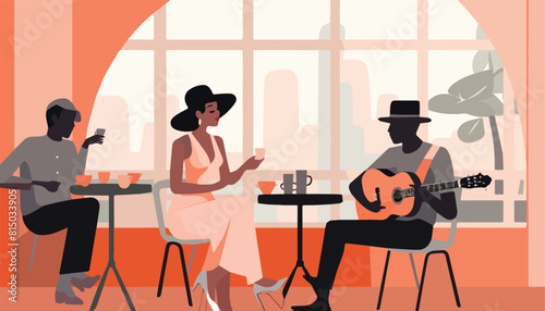 African american man and woman playing guitar in cafe. Vector illustration
