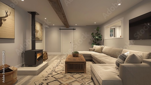 A Scandinavian basement remodel featuring a lounge area with a sectional sofa, a wood stove, and neutral colors