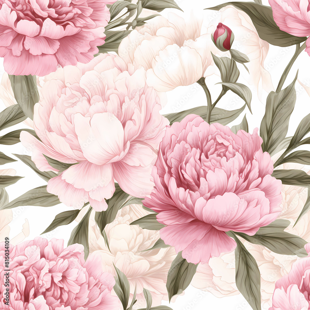 Seamless floral pattern with vintage pink and white peony flowers. Print for wallpaper, cards, fabric, wedding stationary, wrapping paper, cards, backgrounds, textures	
