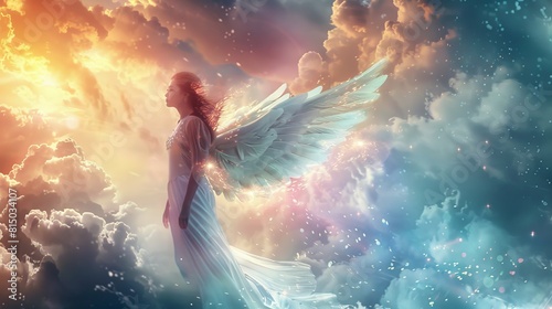 Wallpaper Mural A woman in a white dress is flying through the sky with a winged angel Torontodigital.ca