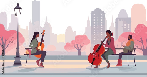 Street musicians in the city. Urban life. Vector illustration in flat style