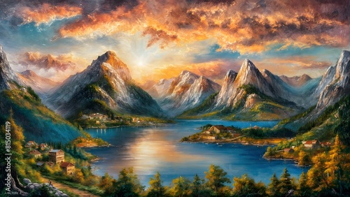 Romantic Sunset Over Serene Landscape With Majestic Mountains and Peaceful Lake